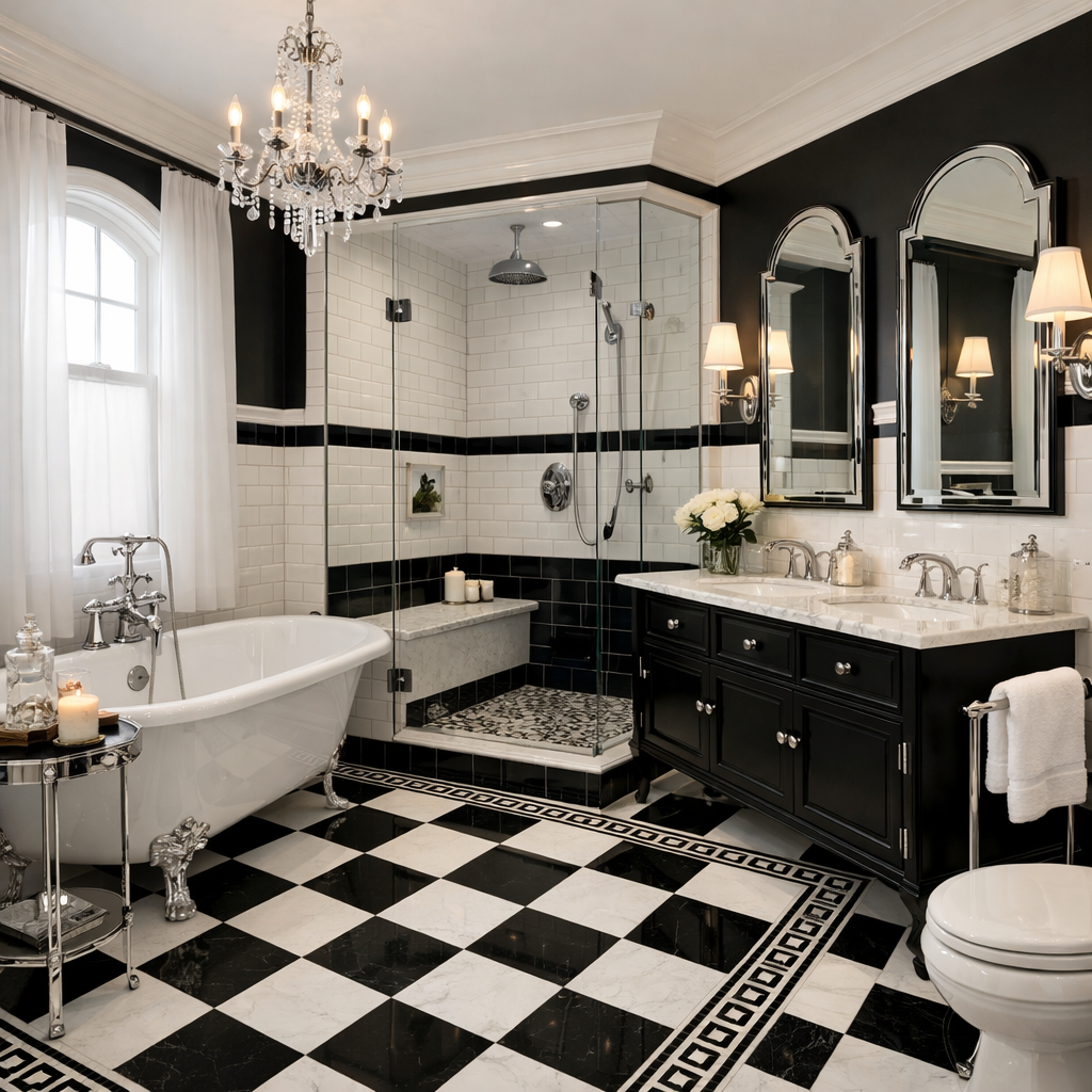 A stylish black and white bathroom featuring a clawfoot tub, checkerboard floor, and elegant accessories.