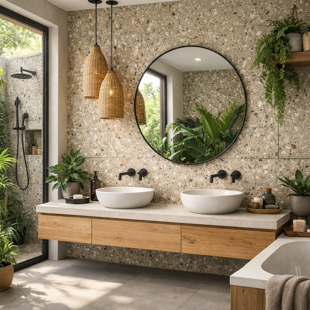 A stylish bathroom with eco-friendly tile design, featuring natural stone tiles, a wooden vanity, and greenery.