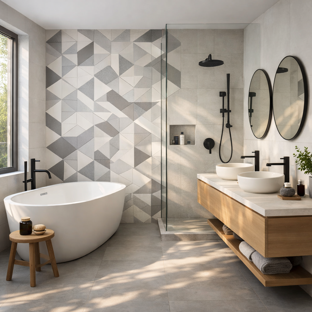 Modern bathroom with geometric tile wall design, freestanding tub, and sleek fixtures.
