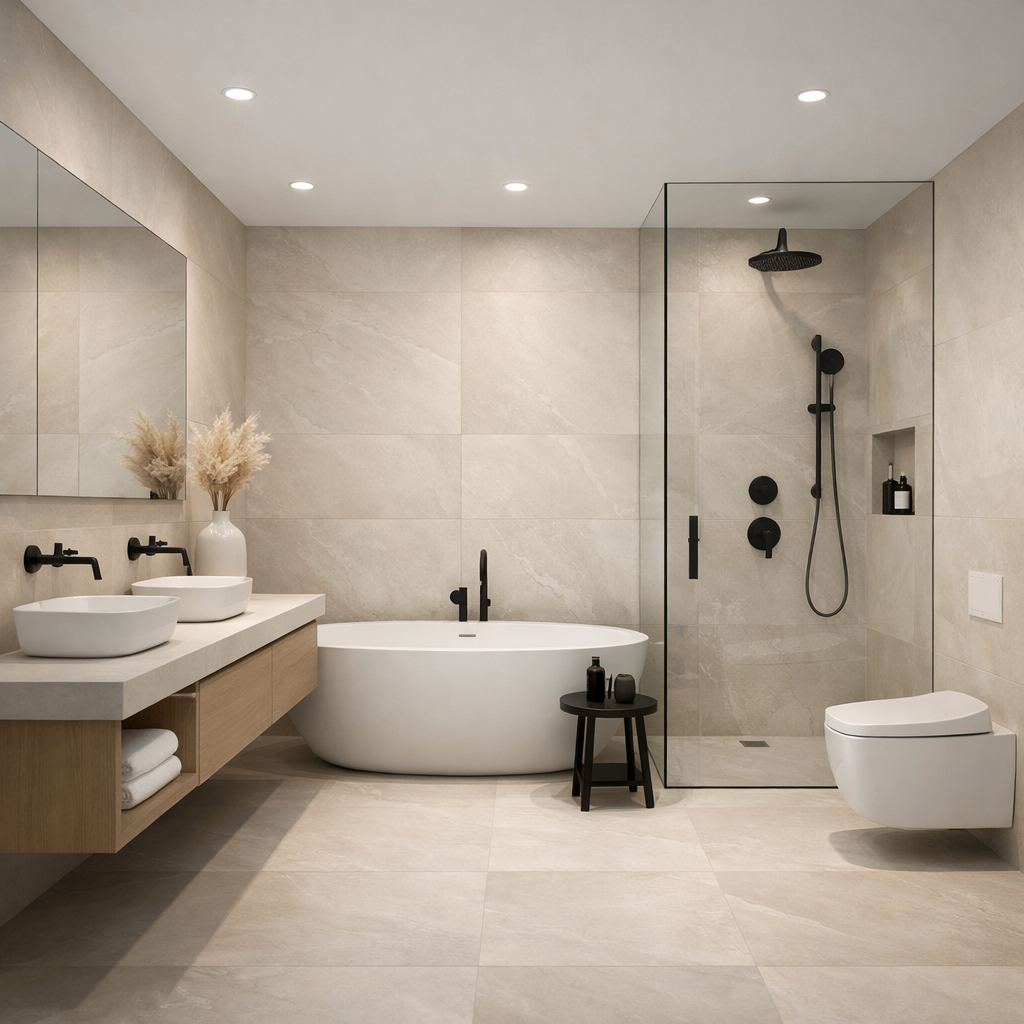 Modern bathroom featuring large format tiles with a seamless look, elegant fixtures, and natural decor elements.