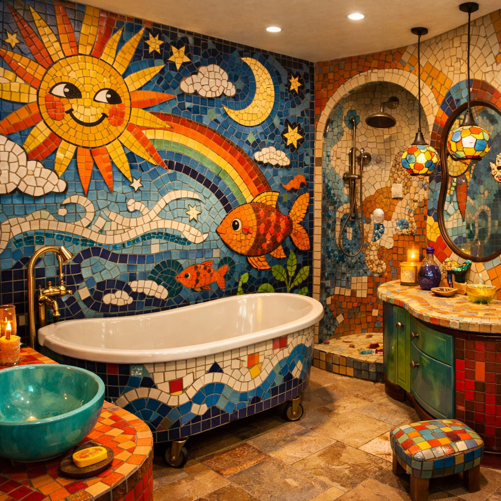 Vibrant mosaic tile bathroom design featuring a sun, rainbow, and fish.
