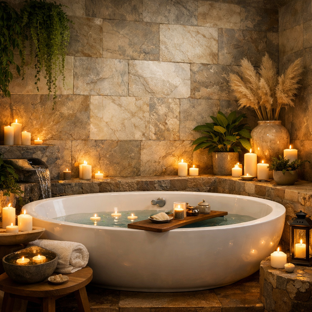 A luxurious bathroom with natural stone wall tiles, a freestanding tub, candles, and plants, evoking a spa-like atmosphere.