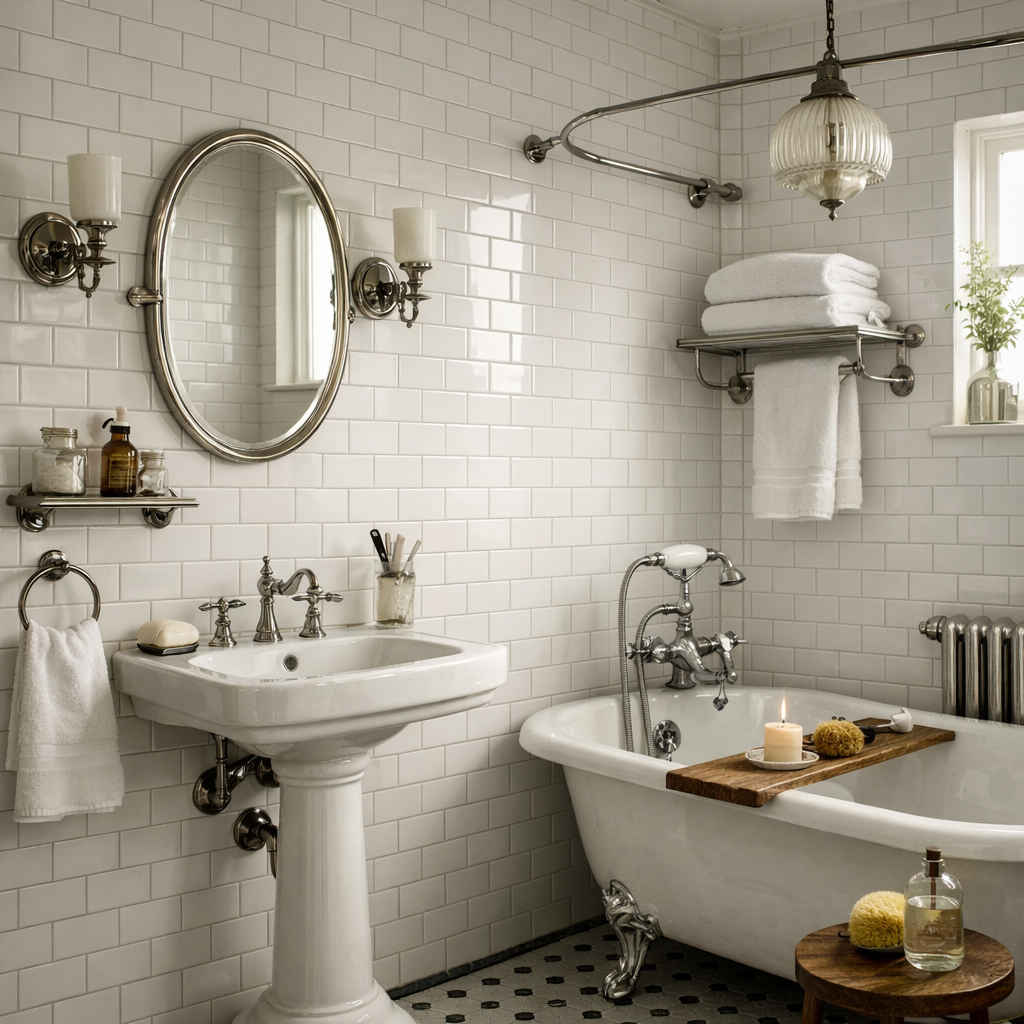 Stylishly designed bathroom featuring elegant subway tile walls and vintage fixtures.