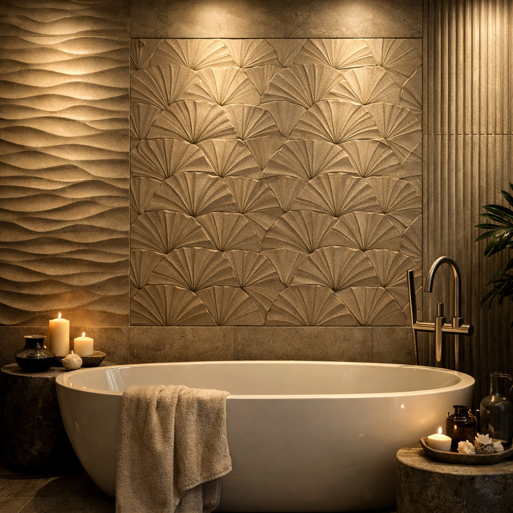 A stylish bathroom featuring textured wall tiles with fan patterns, a modern bathtub, soft lighting, and candles for ambiance.