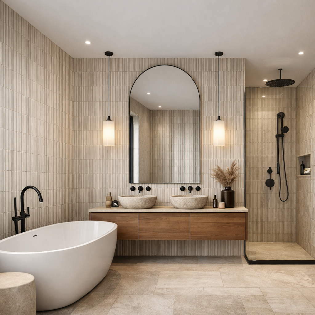 A modern bathroom featuring vertical stacking wall tiles, dual sinks, and elegant lighting.