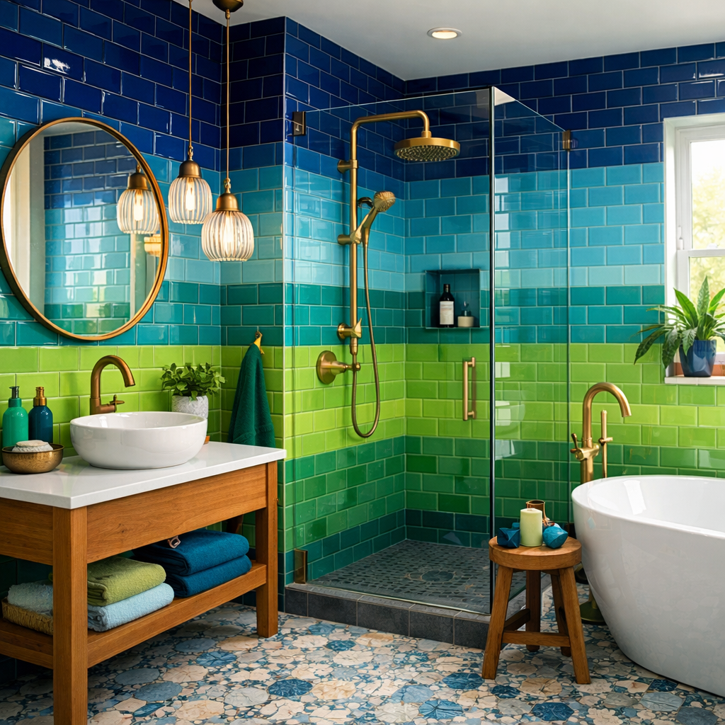 A modern bathroom featuring bold colored subway tiles in a gradient of blues and greens, complemented by gold fixtures.