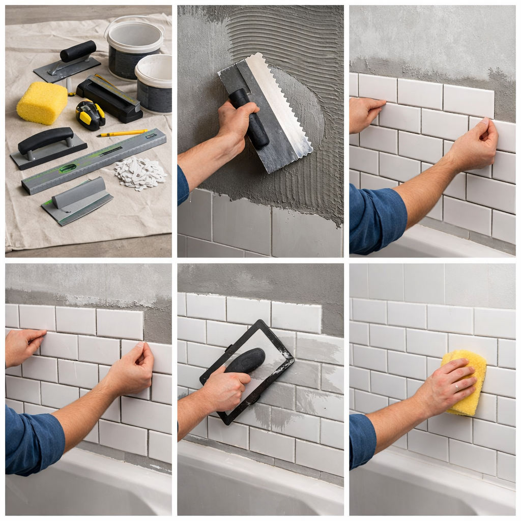 A collage showing the steps of laying subway tiles in a bathroom. Tools like trowels, spacers, and sponges are included, along with the process from applying mortar to cleaning grout.