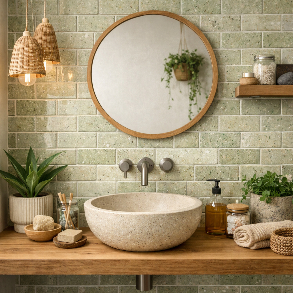A stylish eco-friendly bathroom featuring green subway tiles, a round mirror, a wooden shelf, and plant decor.