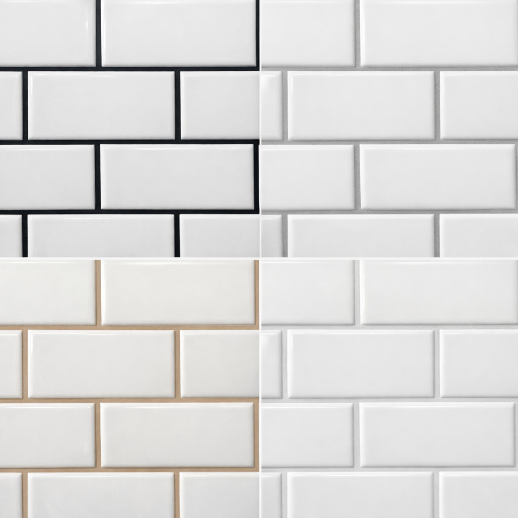 Four variations of white subway tiles with different grout colors.