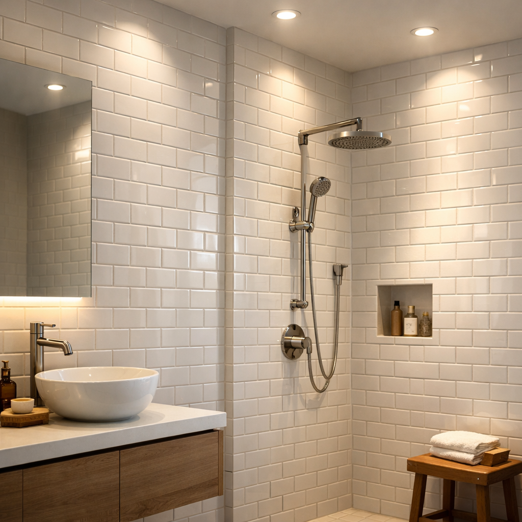 A modern bathroom featuring subway tiles, a shower, and elegant lighting.