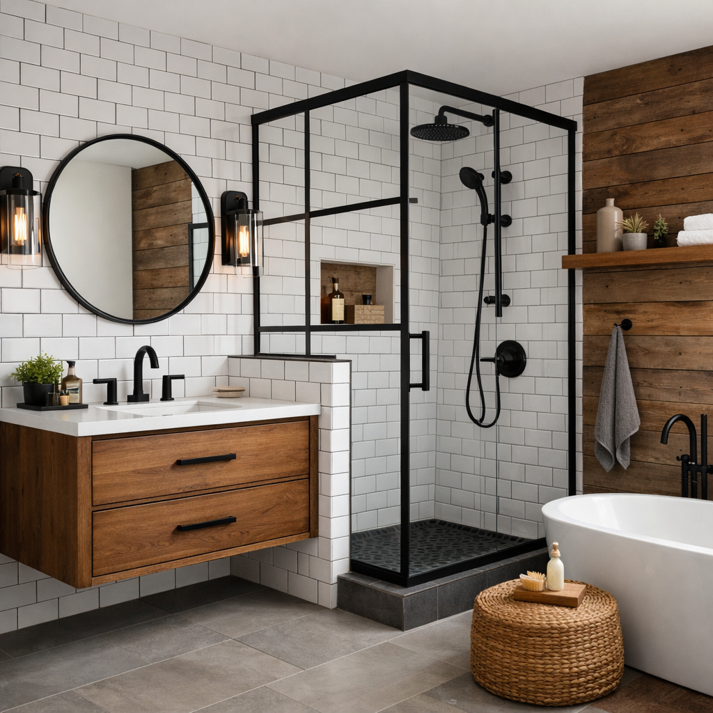 A modern bathroom featuring white subway tiles, wooden accents, and black fixtures.