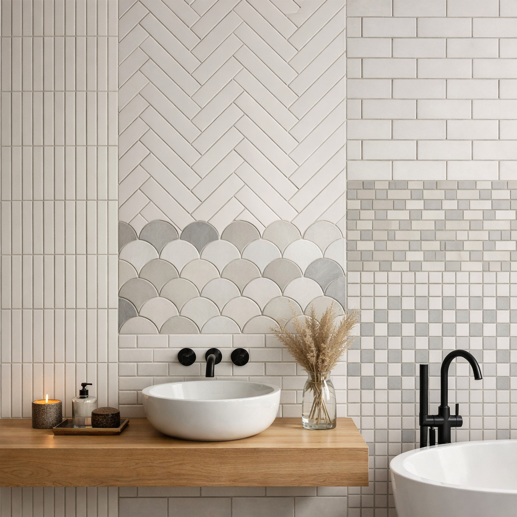 A modern subway tile bathroom with herringbone, scallop, and square tile arrangements.