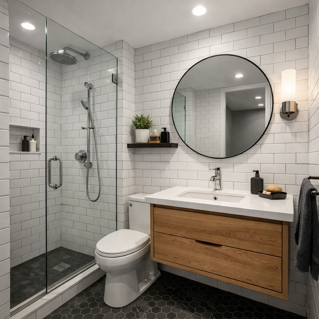 A modern small bathroom featuring subway tiles, a glass shower, circular mirror, and wooden vanity.