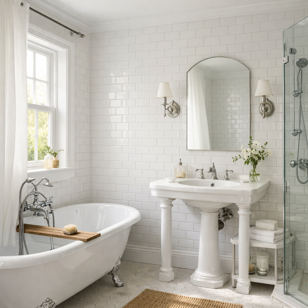A bright and elegant bathroom featuring classic white subway tiles, a vintage bathtub, and a modern sink