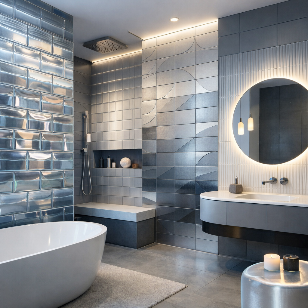 Modern bathroom featuring subway tiles in various designs and textures.