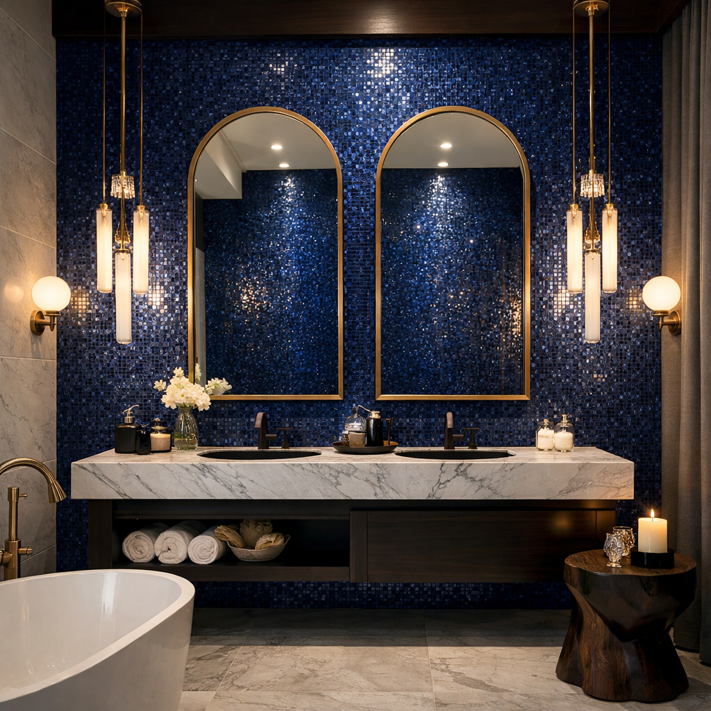 A stylish bathroom with a deep blue mosaic accent wall, featuring marble sinks and modern lighting.