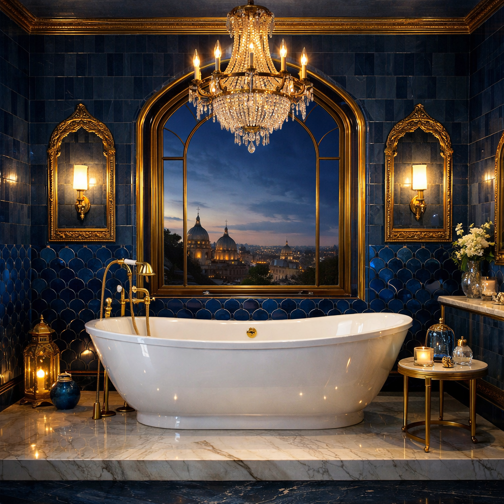 Luxurious bathroom with blue tile walls, gold accents, and a freestanding bathtub