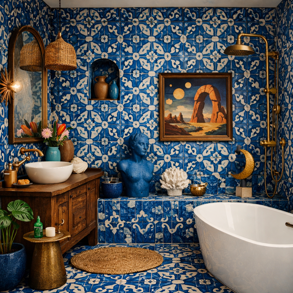 A beautifully designed bathroom featuring blue encaustic tiles, showcasing intricate patterns and modern fixtures.