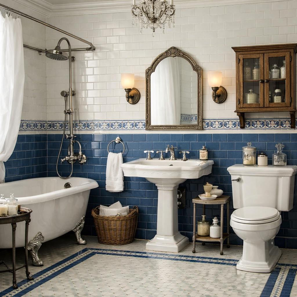 A beautifully designed bathroom featuring classic white and blue tile combinations, a vintage bathtub, and elegant fixtures.