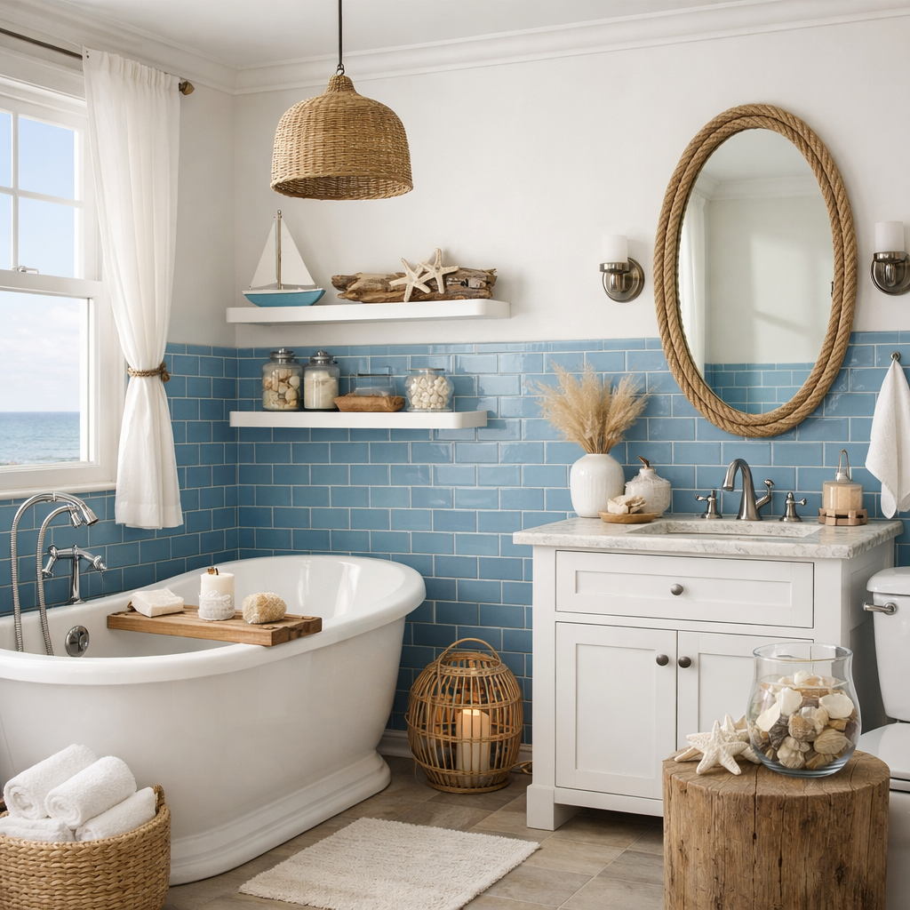 A bright and airy bathroom with blue subway tiles, white bathtub, and coastal decor.
