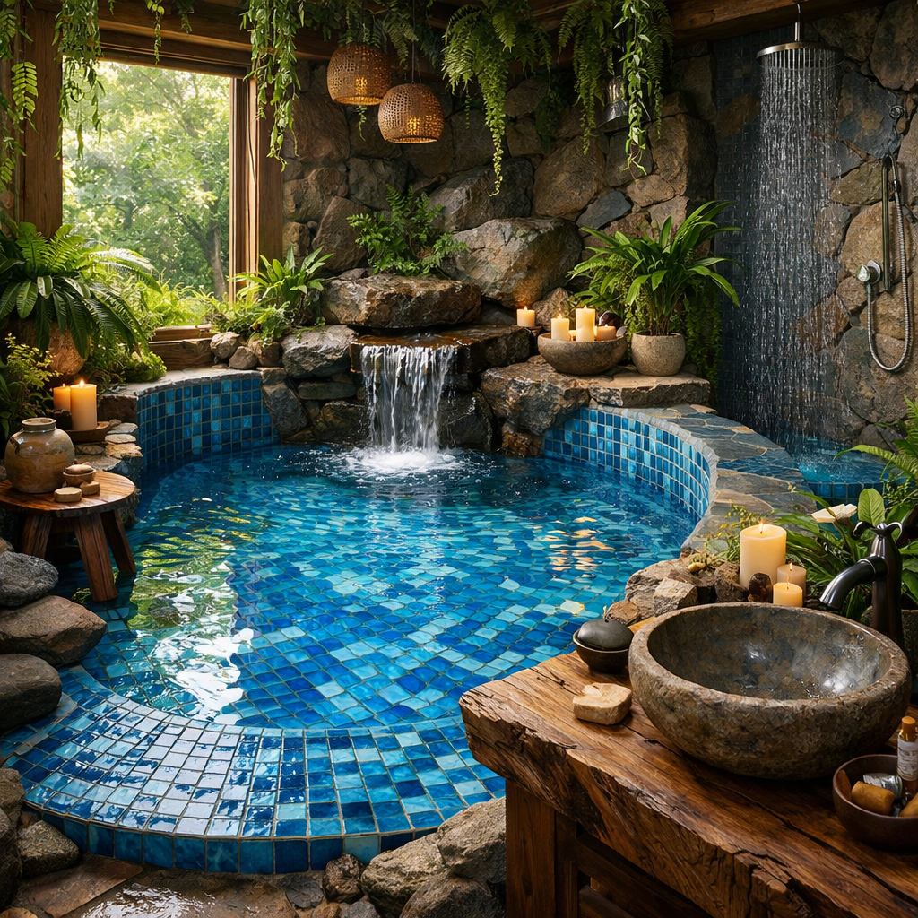 A serene bathroom with blue tiles, natural stones, waterfall, plants, and candles.