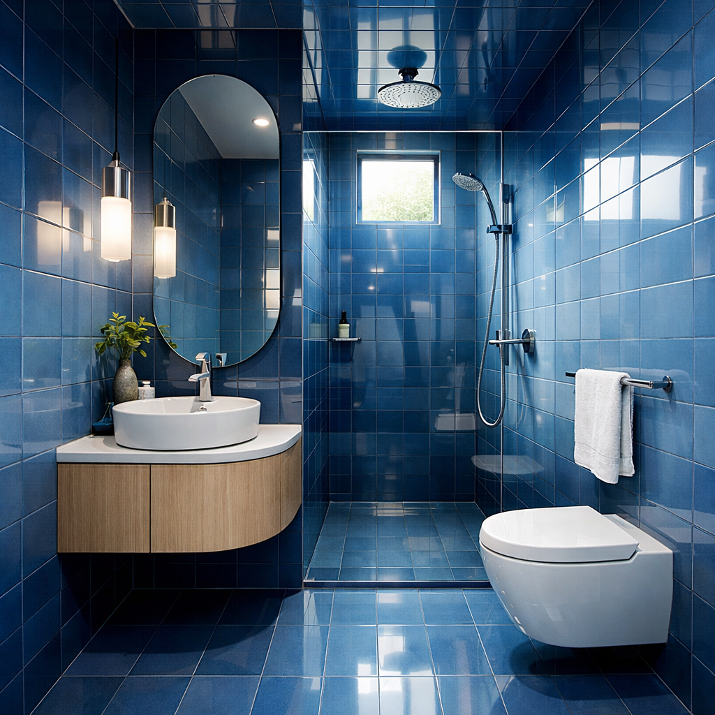 A modern bathroom featuring blue tiles on the walls and floor, a circular mirror above a white sink, and stylish lighting.