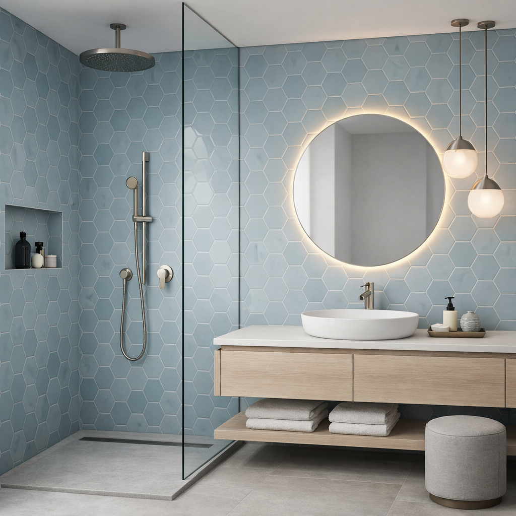 A modern bathroom featuring soft blue hexagon tiles, a round illuminated mirror, and wooden furnishings.