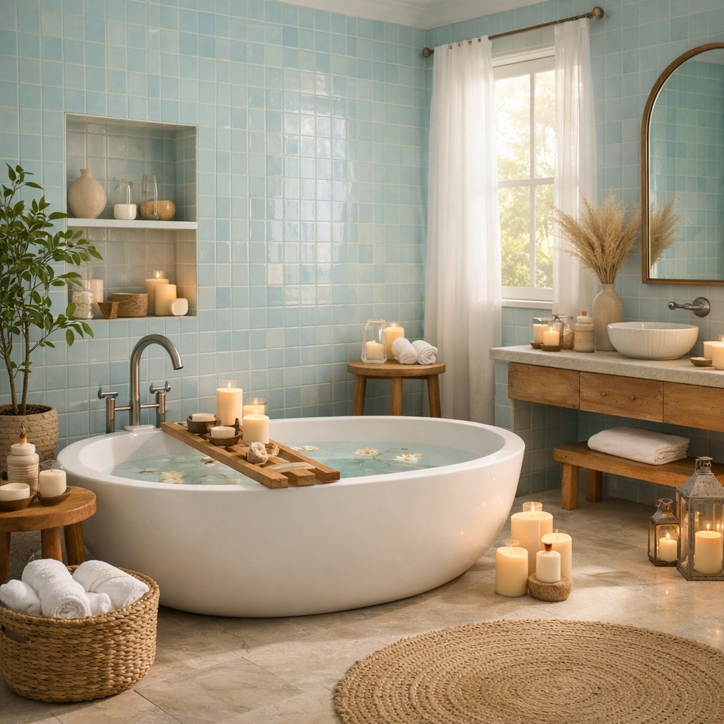 A spa-like bathroom featuring light blue tiles, a freestanding tub with a wooden tray, candles, and natural decor.