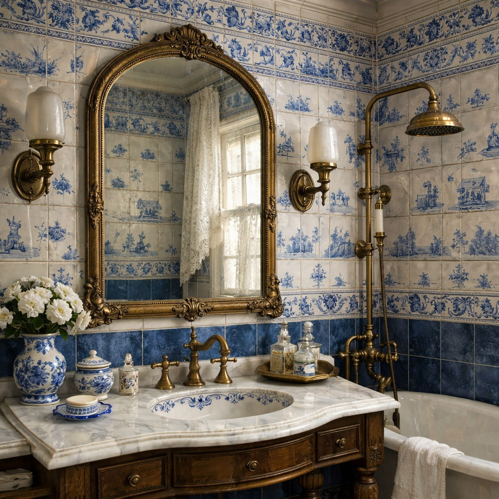 A vintage bathroom featuring blue and white porcelain tiles, an ornate mirror, and a classic wooden vanity with marble details.