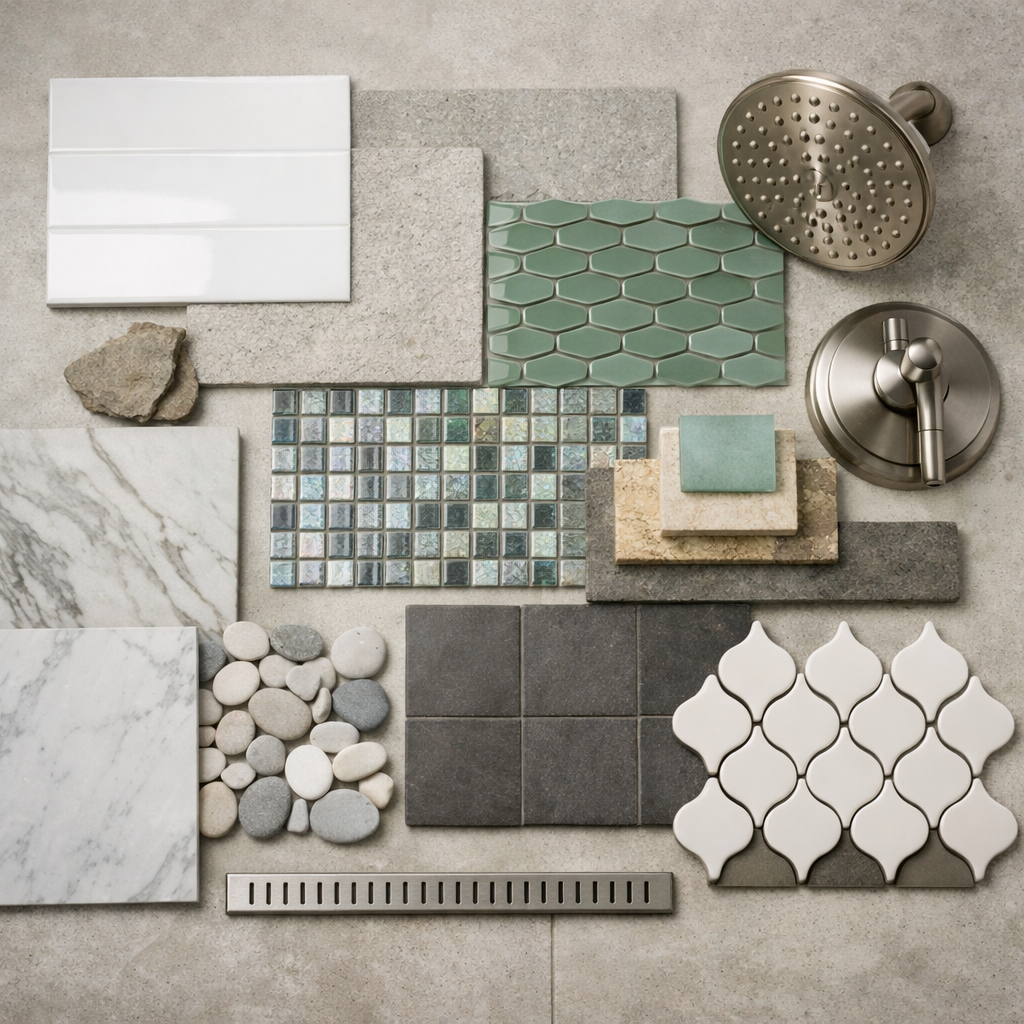 A variety of shower tile materials including white, green, hexagon, marble, and stone tiles.