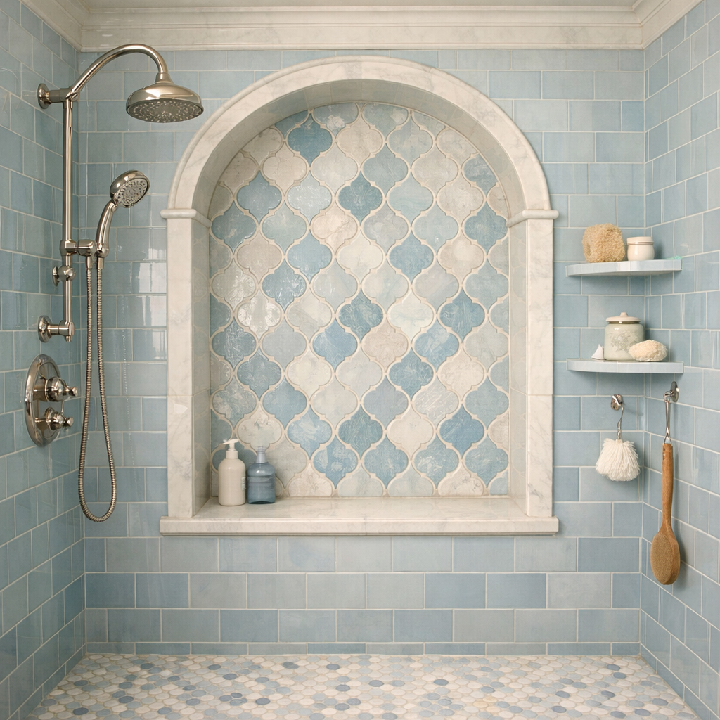 A beautifully designed bathroom shower with blue tiles and unique patterns