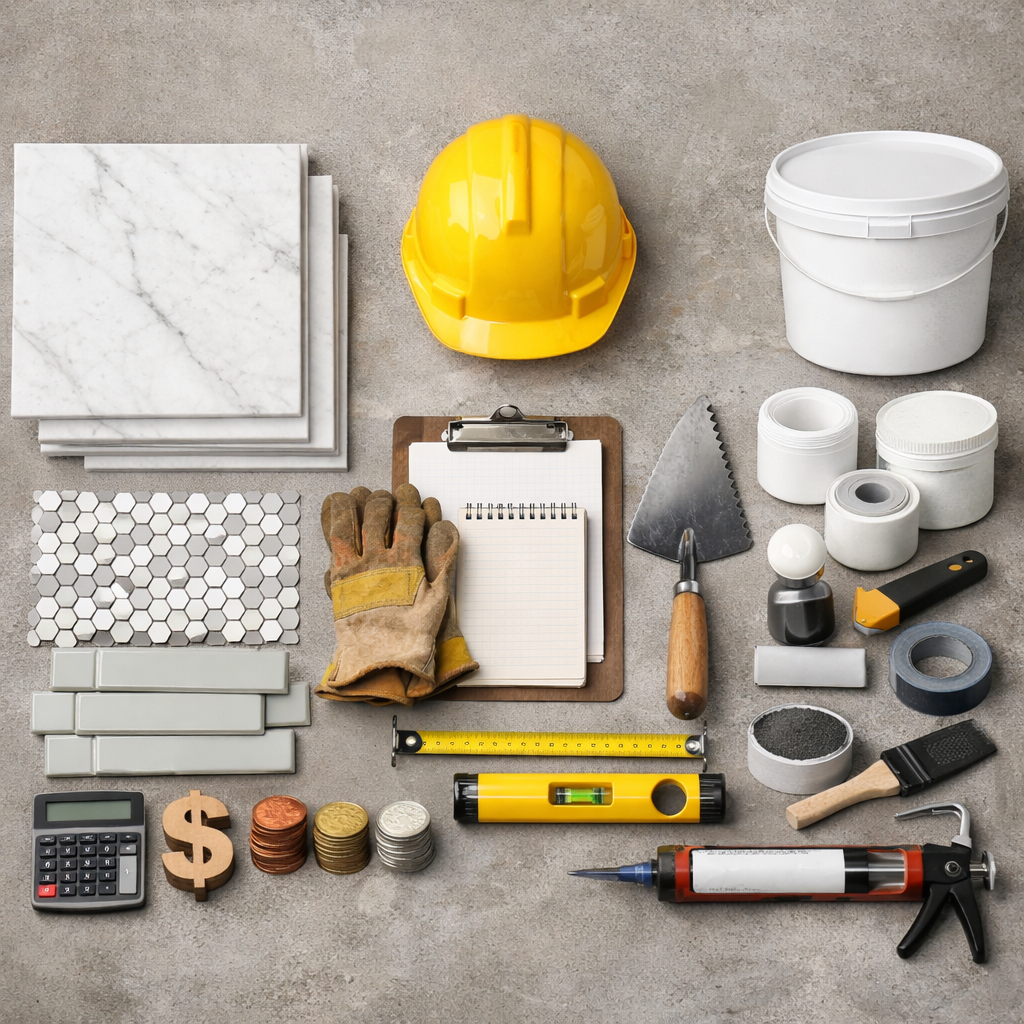 An assortment of shower tile materials and tools on a surface, including tiles, a hard hat, gloves, measuring tools, and a calculator.