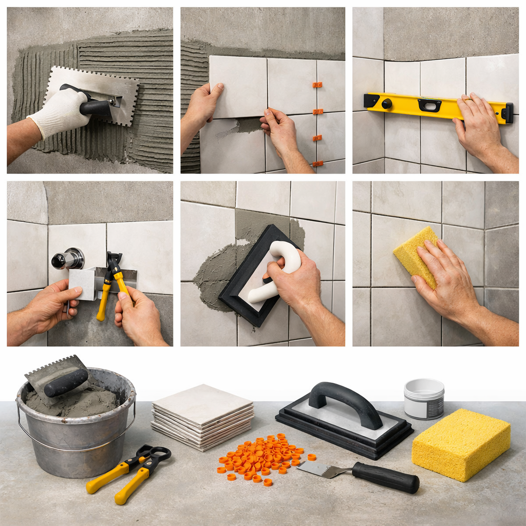 Step-by-step guide for DIY shower tile installation, showing tools and techniques.