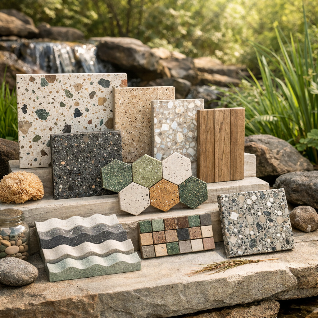 A display of various eco-friendly bathroom tiles, including textured and colorful designs, set against a natural backdrop.