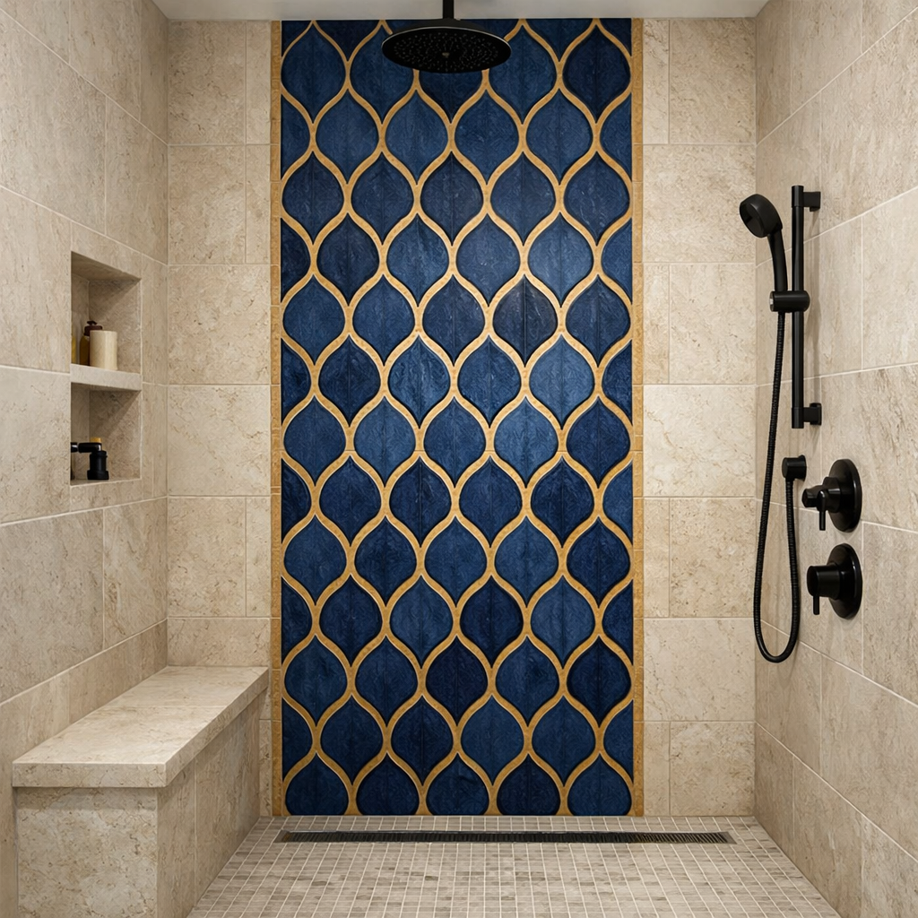 A shower featuring a blue accent tile design with gold detailing against natural stone tiles.
