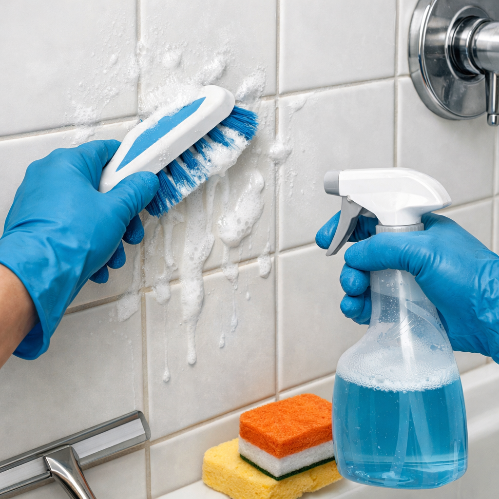 Person cleaning shower tiles with a brush and spray bottle, wearing blue gloves.