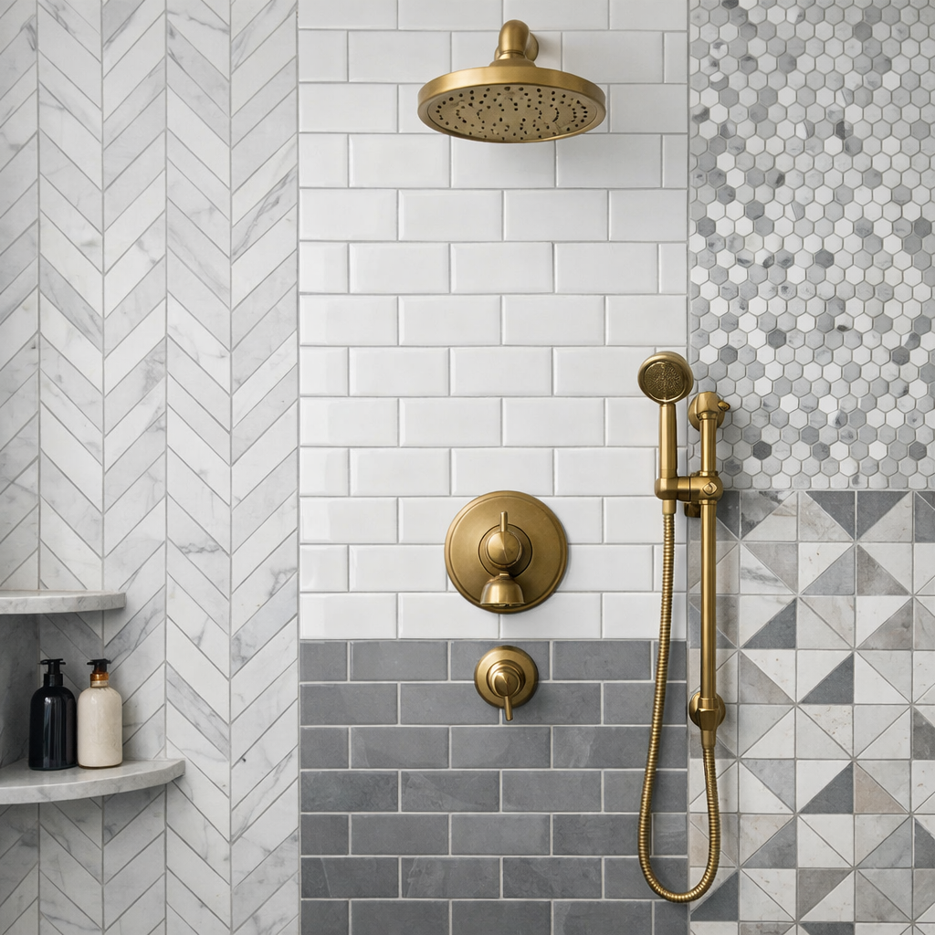 An elegant shower wall design featuring a combination of white subway tiles, a herringbone marble pattern, hexagonal mosaics, and stylish brass fixtures.