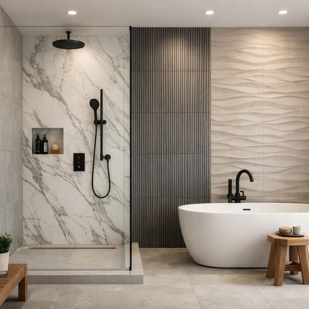 Modern bathroom shower showcasing large format marble tiles, textured wall tiles, and sleek black fixtures.
