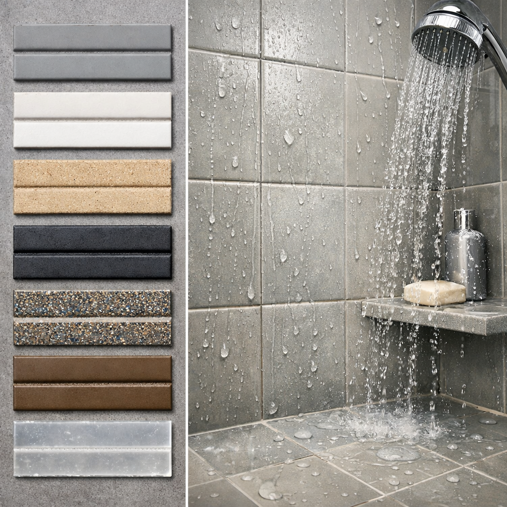 A variety of water-resistant grout samples alongside a shower showing water spraying on tiles.