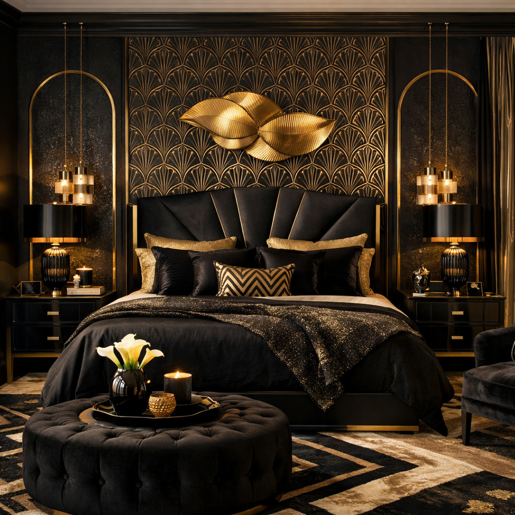 A luxurious black and gold themed bedroom with elegant decor and a sophisticated layout.