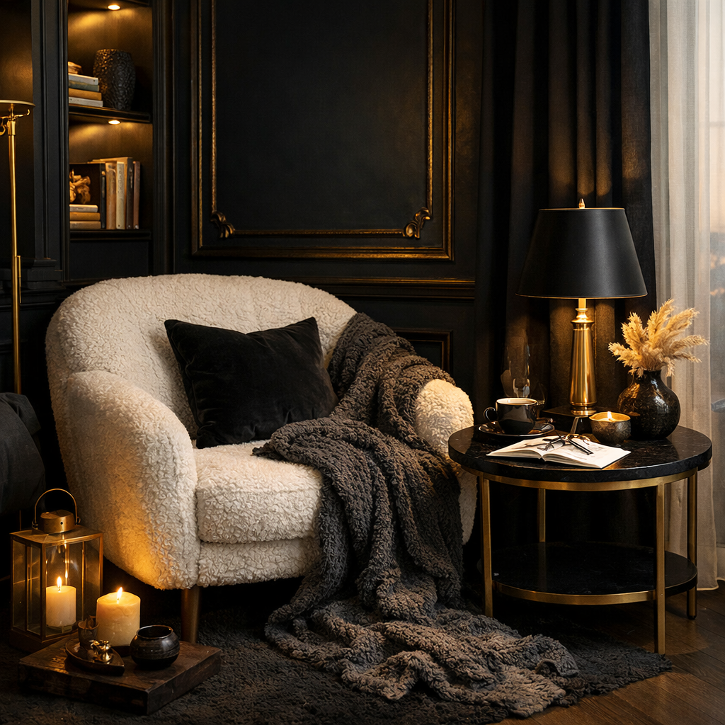 Cozy reading nook in a black and gold bedroom featuring a plush armchair with a throw blanket, a side table with a lamp, candles, and a book.