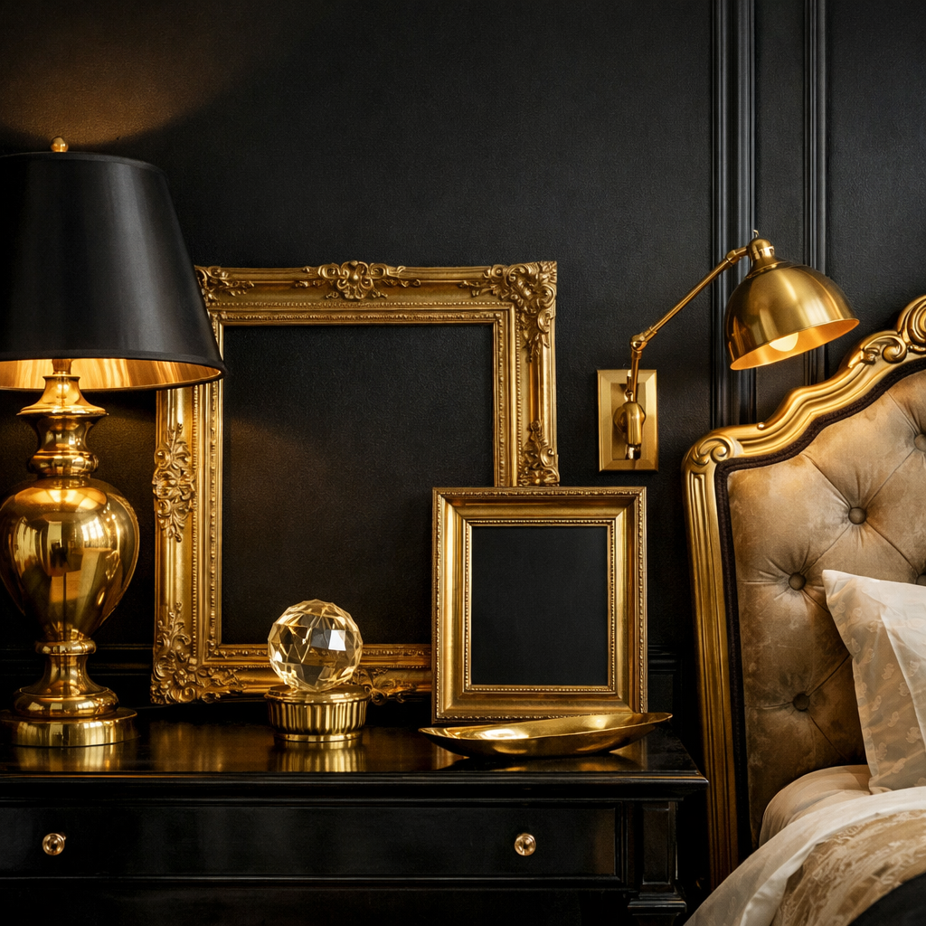 Elegant black and gold bedroom decor with gold accents on nightstand and lamp
