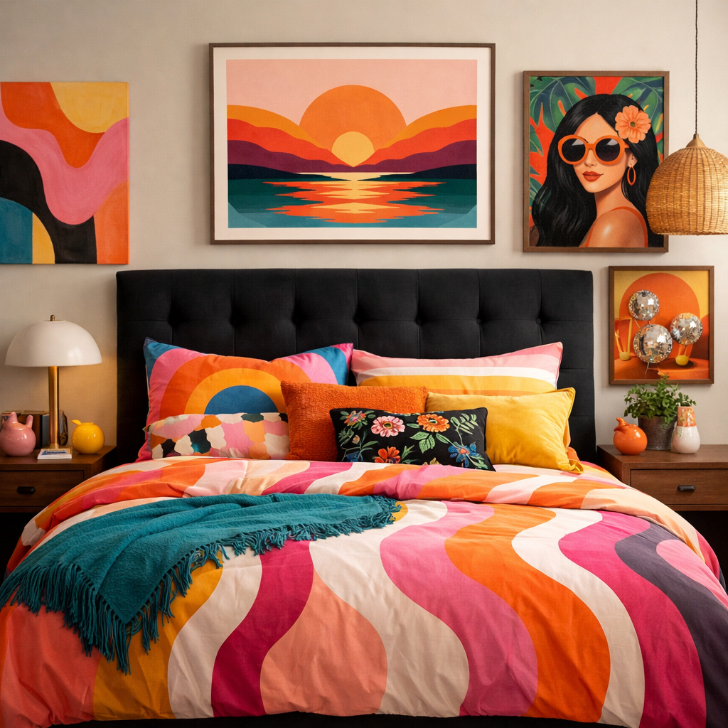 A vibrant bedroom featuring a black headboard, colorful bedding, and eclectic wall art.