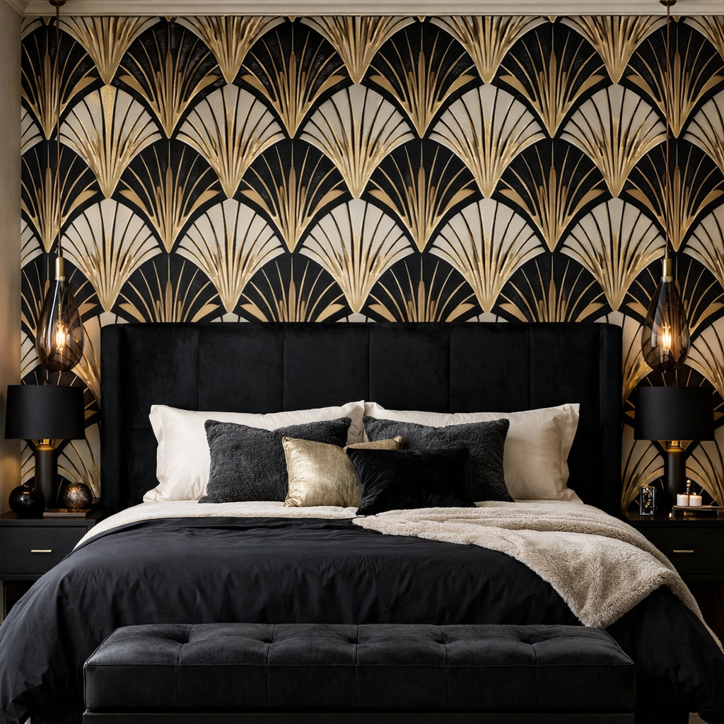Bedroom with black headboard and black and gold patterned statement wall