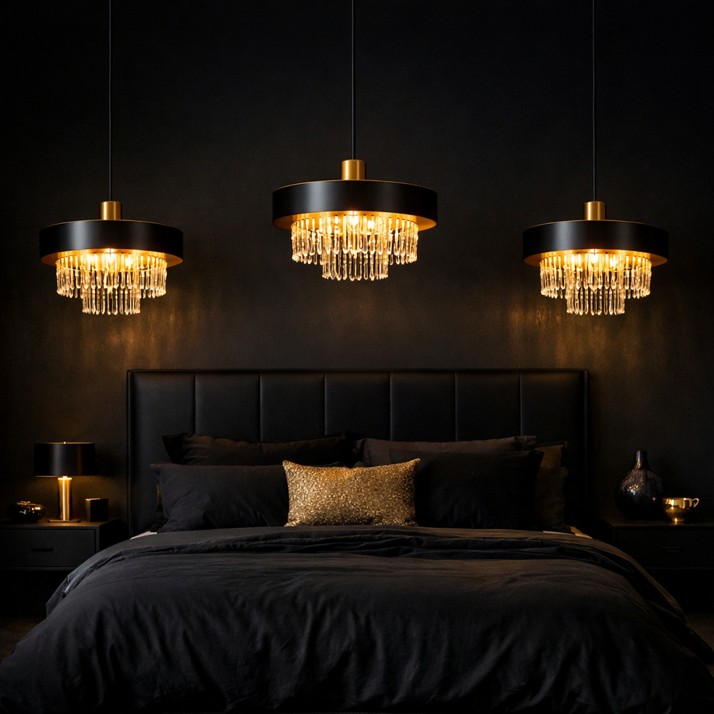 Stylish black bedroom featuring elegant pendant lighting and a luxurious bed