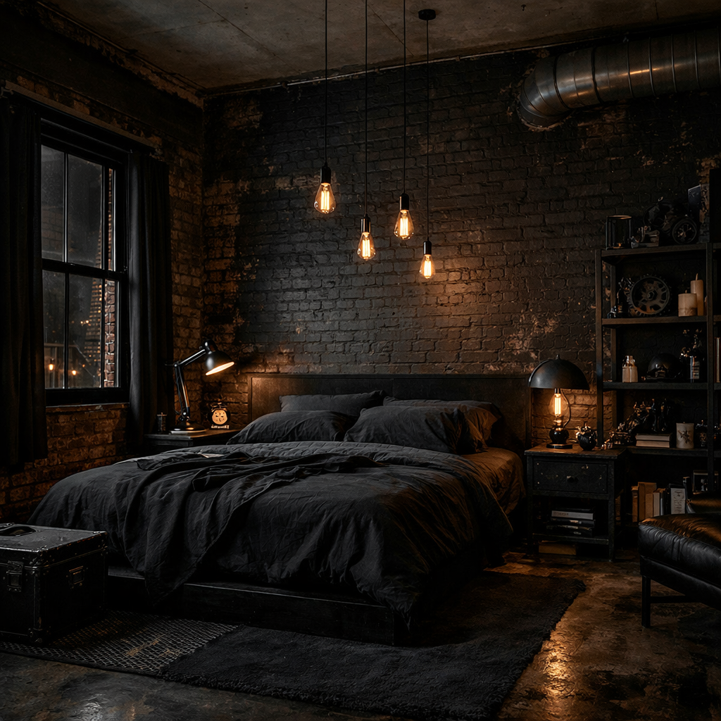 A dark, industrial-style bedroom featuring exposed brick walls, warm lighting, and minimalist furniture.