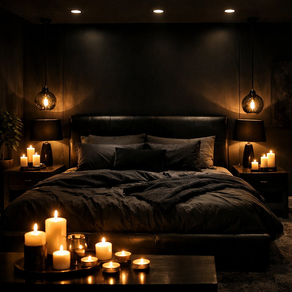 A dark bedroom featuring layered lighting with hanging lights and candles.