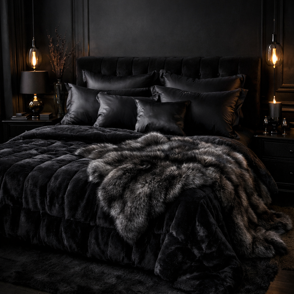 Luxurious black bedroom featuring plush bedding and decorative pillows.