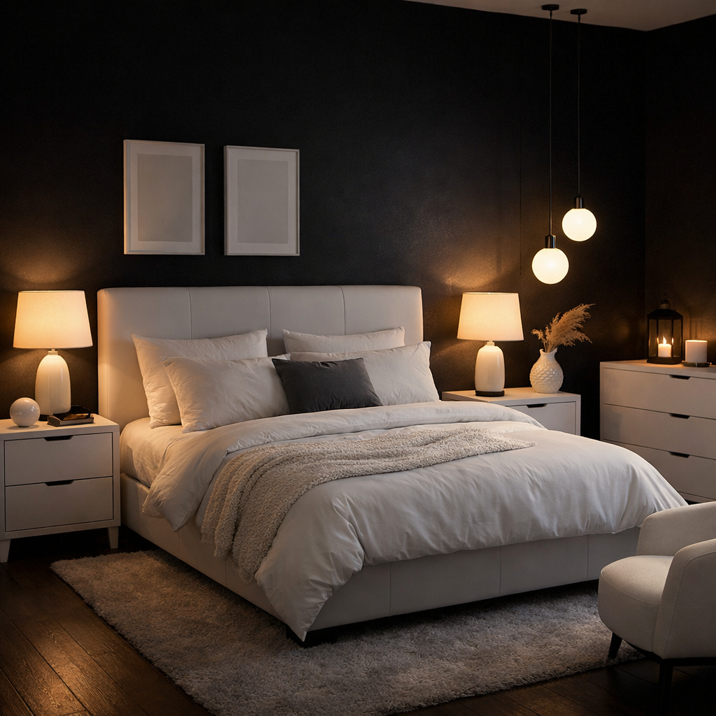A modern black bedroom featuring white bedding and stylish lighting