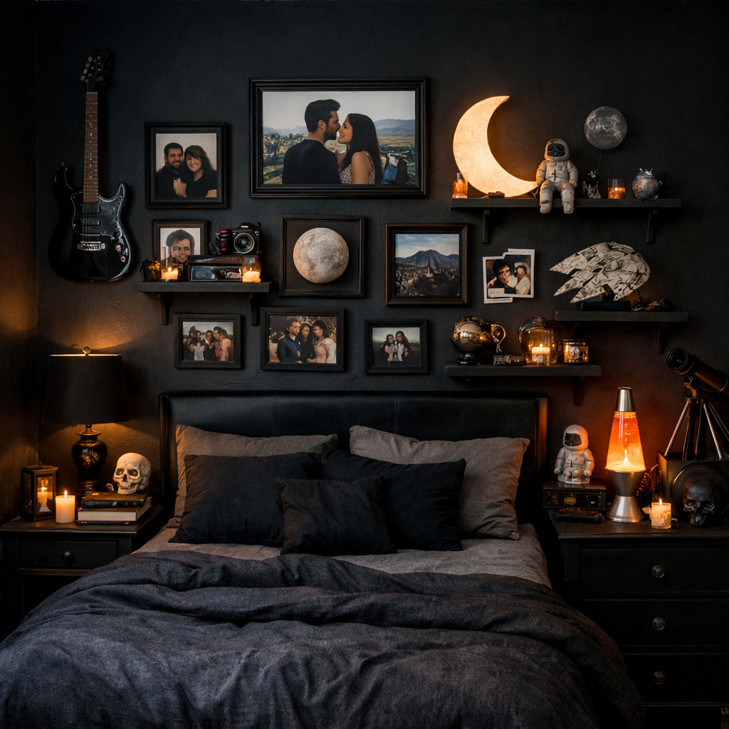 A cozy black bedroom with personalized decor including photos, candles, and a guitar.